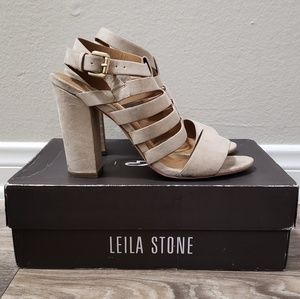Leila Stone Nude Vegan Suede Strappy Block Heels